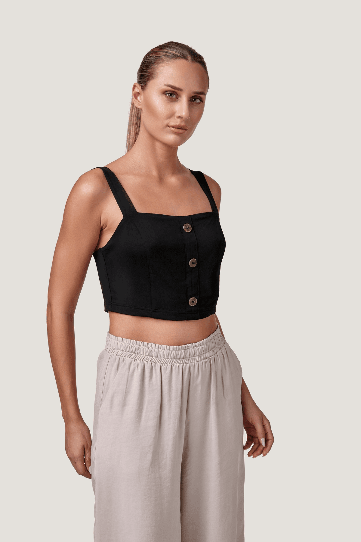 Relactive Kadın Askılı Düğmeli Crop P2527, siyah ön görünüm