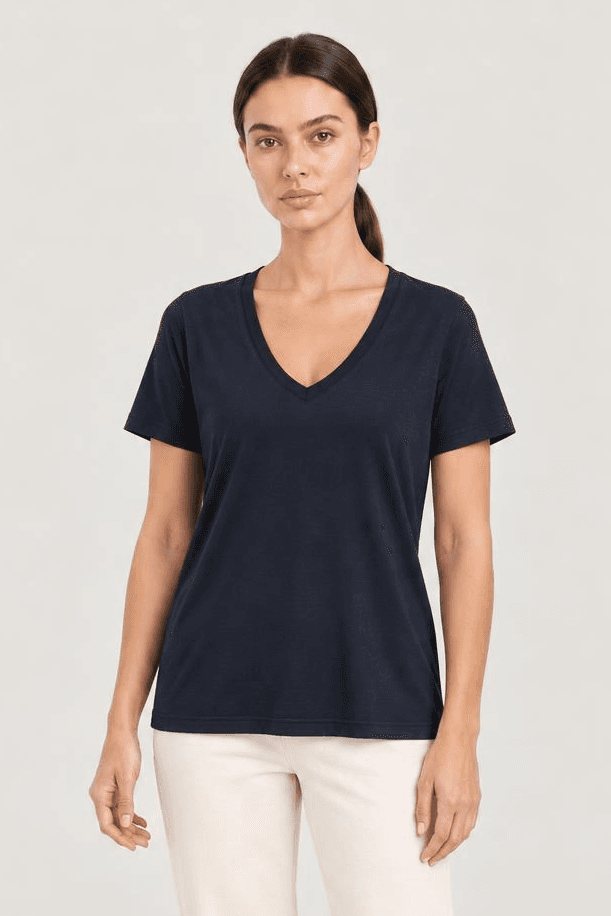 Relactive Kadın Kısa Kollu Derin V Yaka T-Shirt Bluz P2572, lacivert ön görünüm