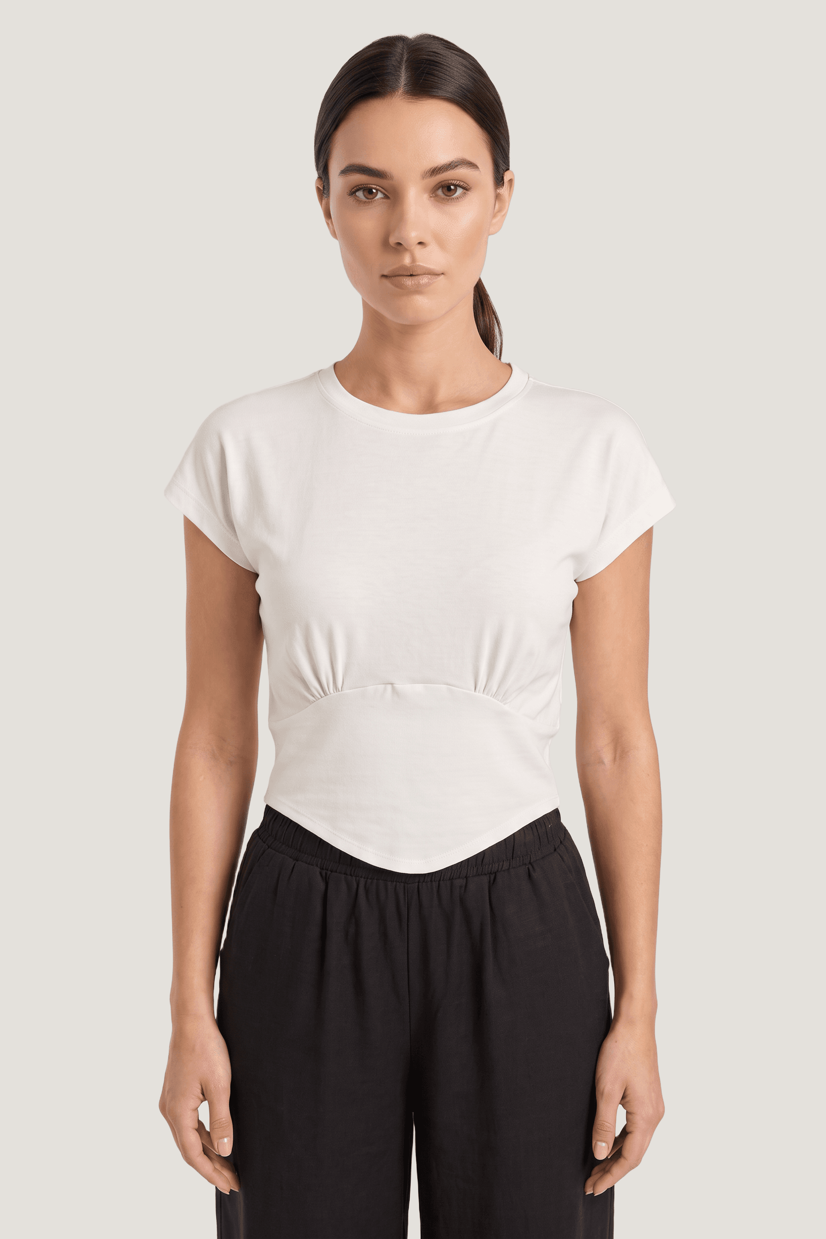 Relactive Kadın Kısa Kollu Sıfır Yaka Bluz - T-Shirt P2522, ekru ön görünüm