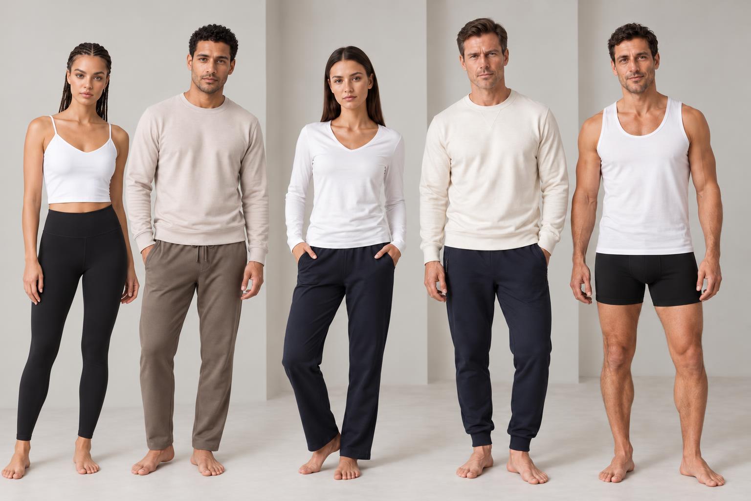 Beş yetişkin: beyaz askılı crop ve siyah taytlı kadın; bej sweatshirt ve kahverengi pantolonlu erkek; beyaz V yaka üst ve lacivert pantolonlu kadın; ekru sweatshirt ve lacivert eşofman altlı erkek; beyaz atlet ve siyah boxerlı erkek. / Five adults: a woman in a white strappy crop top and black leggings; a man in a beige sweatshirt and brown trousers; a woman in a white V-neck top and navy trousers; a man in an ecru sweatshirt and navy joggers; a man in a white vest and black boxers.