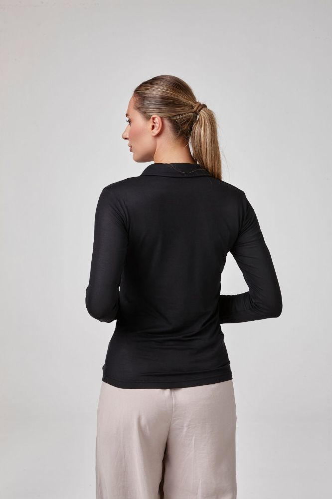 Kadın Uzun Kollu Yakalı T-Shirt Body Fit Kalıp  SİYAH P2619SİYAH resmi