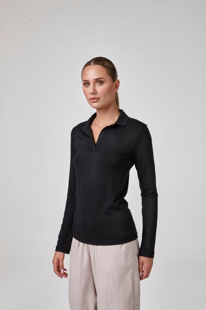 Kadın Uzun Kollu Yakalı T-Shirt Body Fit Kalıp  SİYAH P2619SİYAH resmi