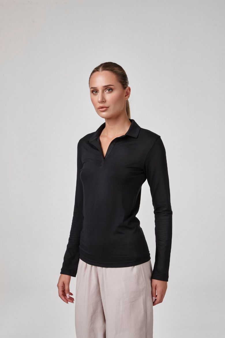 Kadın Uzun Kollu Yakalı T-Shirt Body Fit Kalıp  SİYAH P2619SİYAH resmi