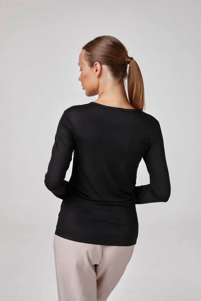 Kadın Uzun Kollu Düğme Büzgülü Body T-Shirt Bluz  SİYAH P2637SİYAH resmi