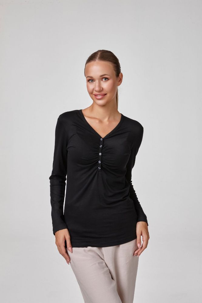 Kadın Uzun Kollu Düğme Büzgülü Body T-Shirt Bluz  SİYAH P2637SİYAH resmi
