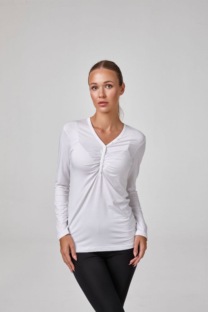 Kadın Uzun Kollu Düğme Büzgülü Body T-Shirt Bluz  BEYAZ P2637BEYAZ resmi