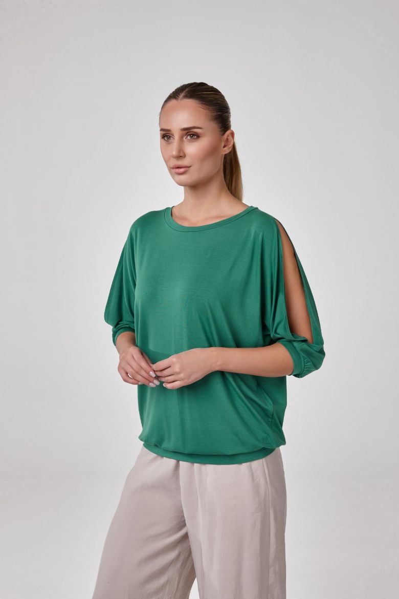 Kadın Açık Yaka Yırtmaç Kollu Bluz T-Shirt  B.YESIL P2555B.YESIL resmi