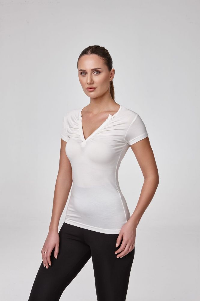 Kadın Büzgülü V Yaka Kısa Kollu Body Bluz  EKRU P2807EKRU resmi